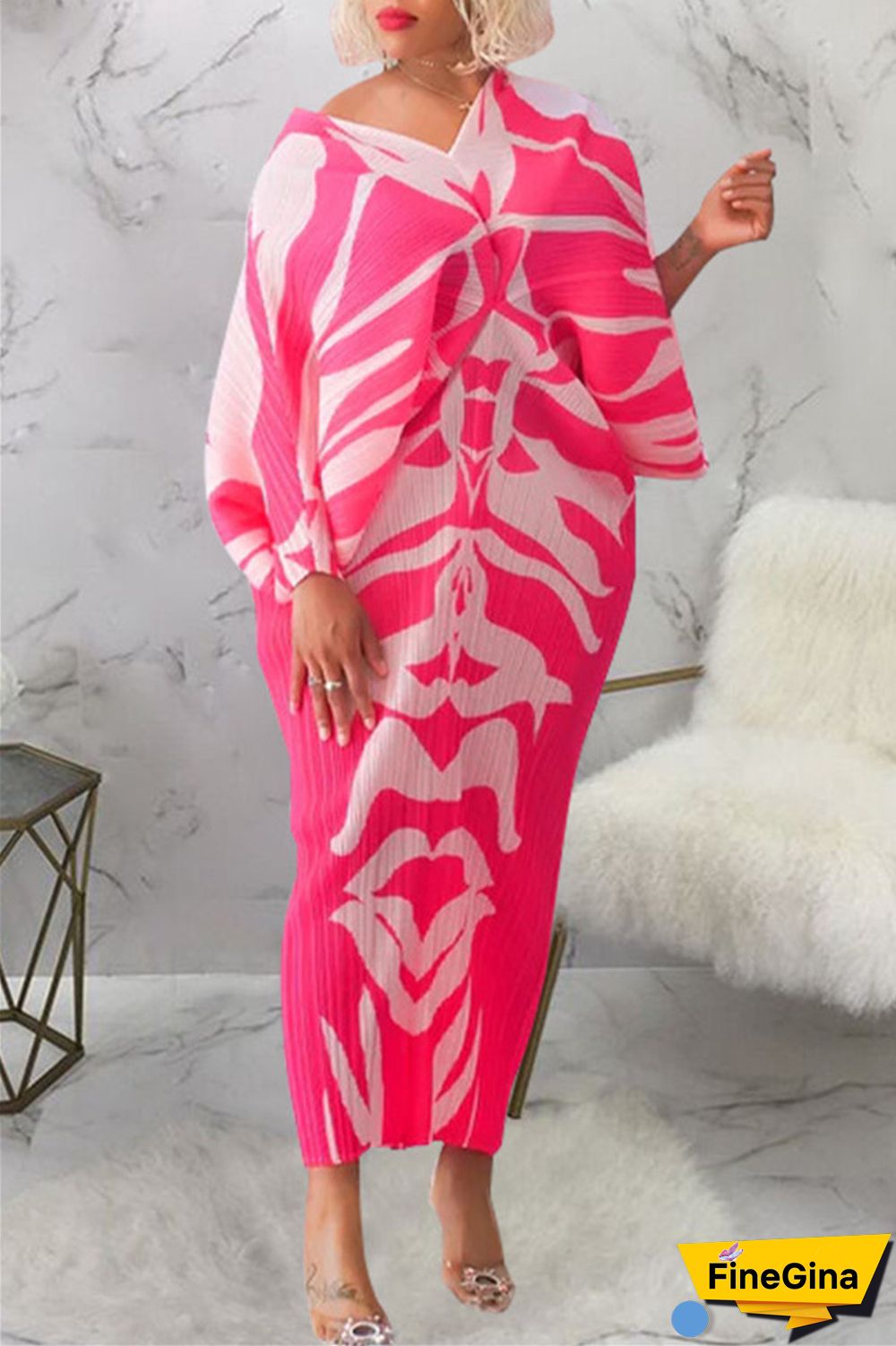 Pink Purple Casual Print Patchwork V Neck Pencil Skirt Plus Size Dresses