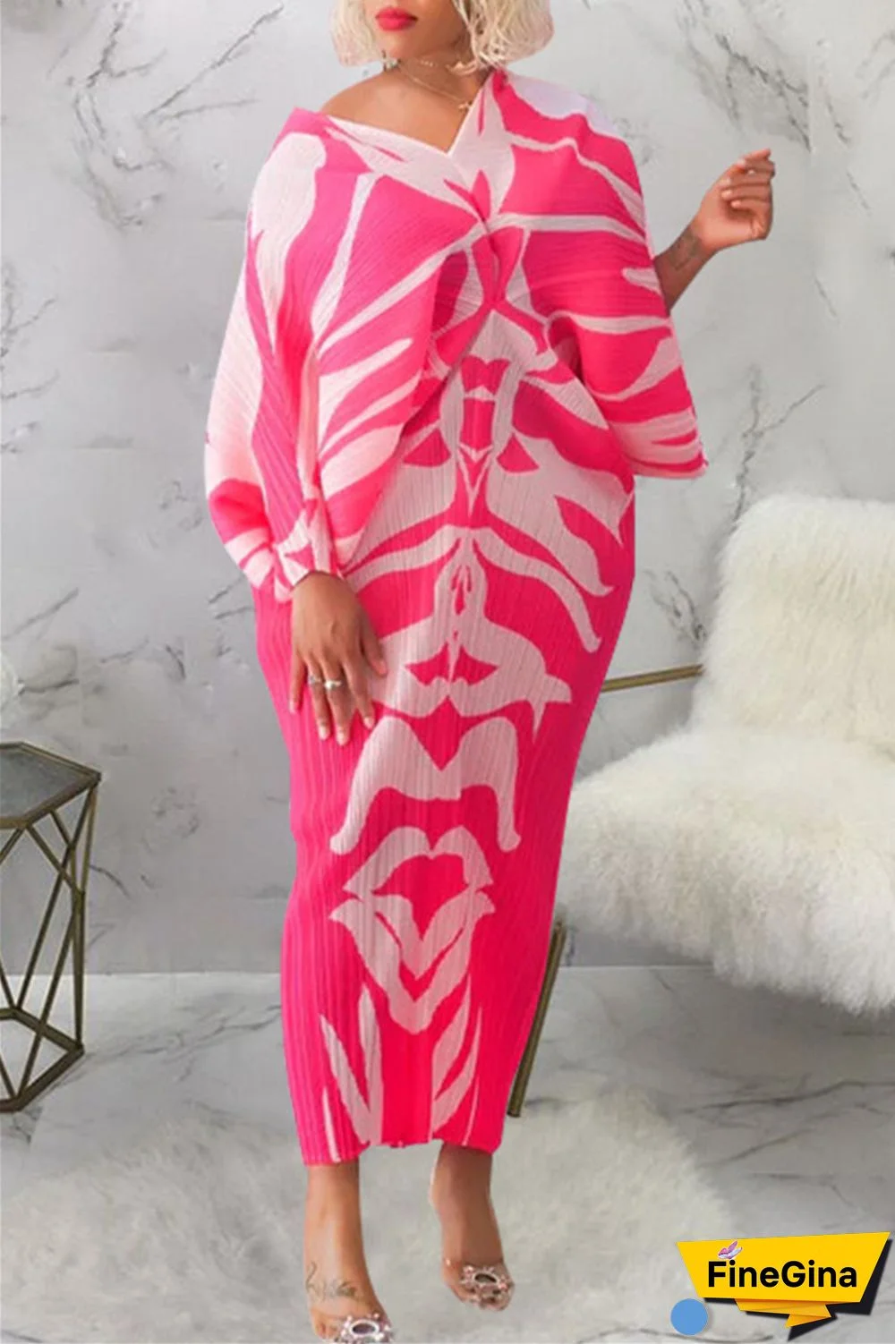 Pink Purple Casual Print Patchwork V Neck Pencil Skirt Plus Size Dresses