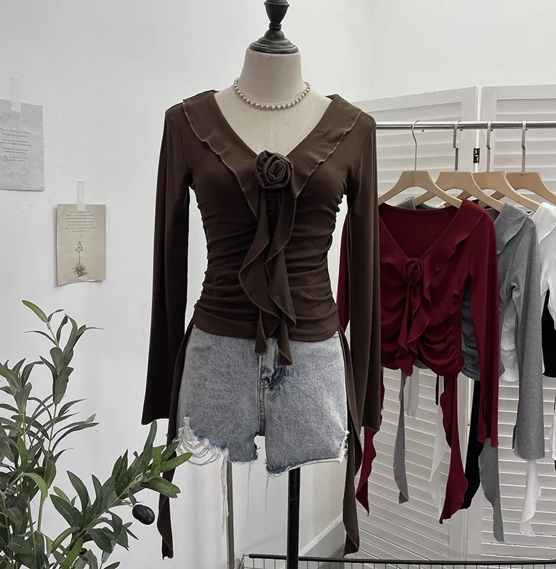 Uveng Han's New V-Neck Flower Irregular Lotus Leaf Edge Ribbon Slim Thin T-Shirt Short Top 1227