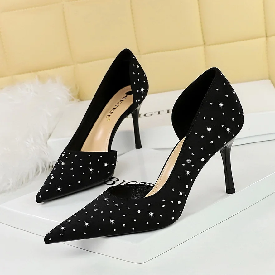 Colourp Colourp Korean Version Fashion Banquet Women's Shoes High Heels Fine Heel Shallow Mouth Pointed Silk Side Hollow Diamond Single Shoes Women