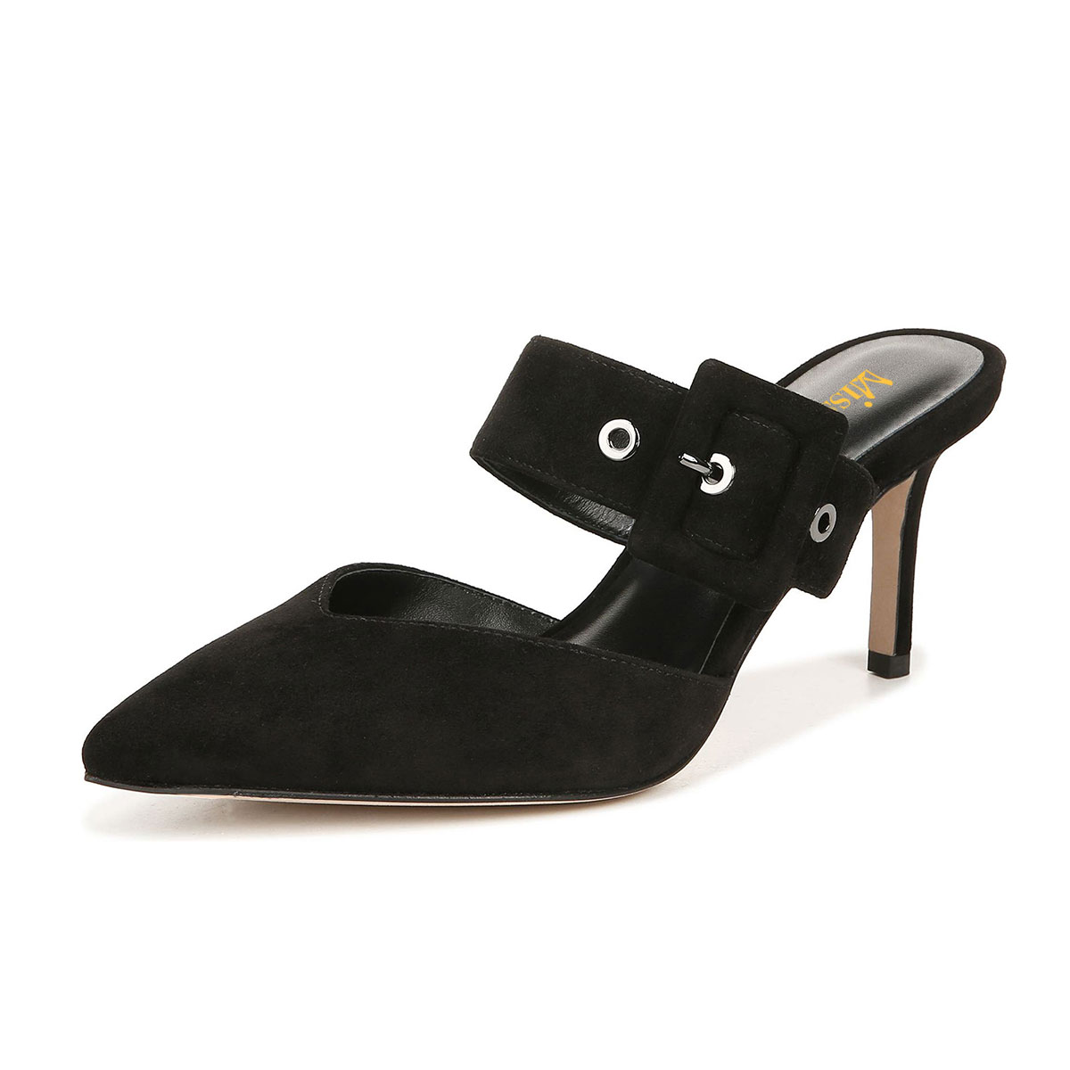 Black Buckle Strap Stiletto Heel Womens Mules Shoes with Pointed Toe Nicepairs