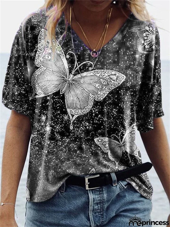 Women's Loose Short-Sleeved V Neck Butterfly Print T-Shirt