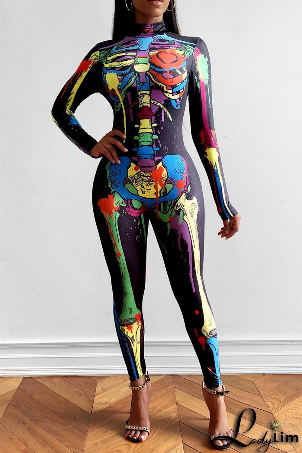 Black Fashion Casual Print Patchwork Half A Turtleneck Skinny Jumpsuits