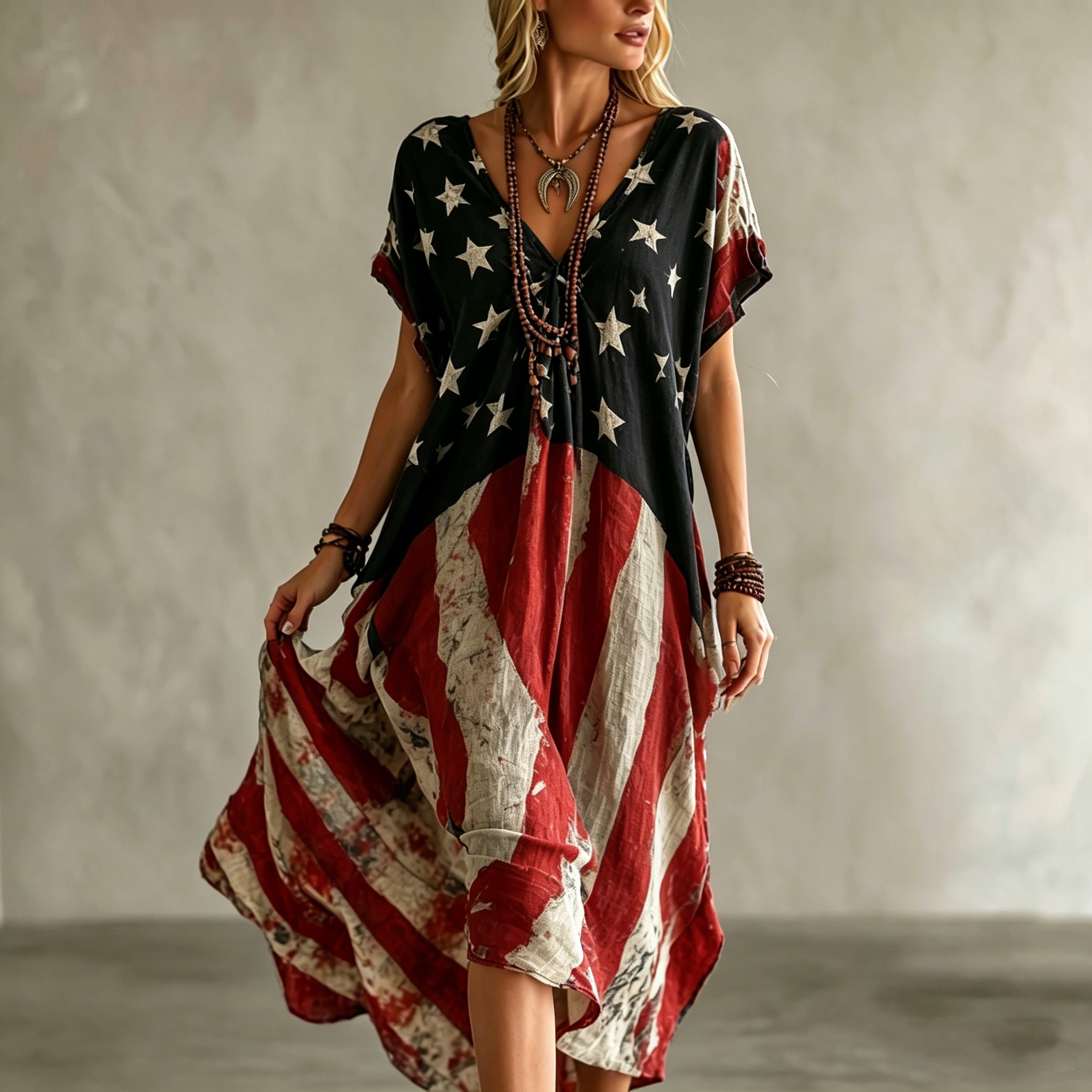  Women's Retro American Flag Floral Patchwork Art Comfortable Cotton Linen Dress Westsshops