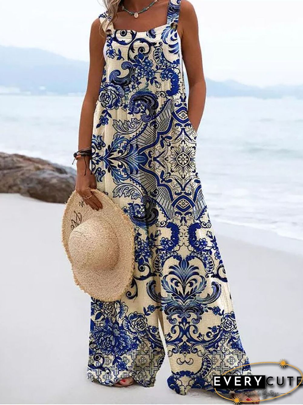 Summer Vintage Print Trousers Jumpsuit Women Casual Sling Sleeveless O Neck Wide Leg Playsuits Fashion High Street Loose Romper