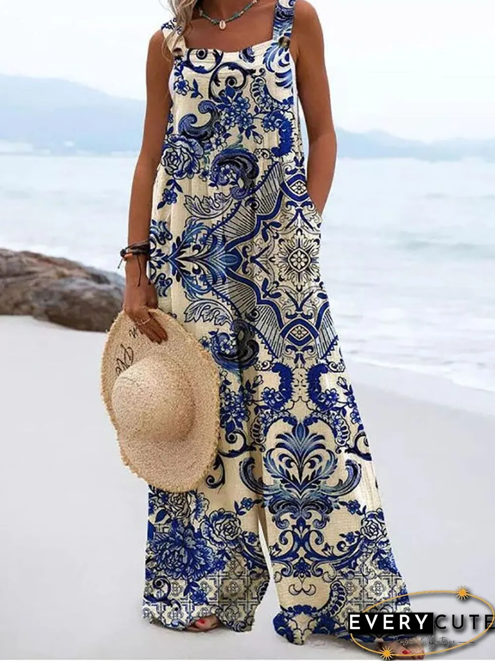 Summer Vintage Print Trousers Jumpsuit Women Casual Sling Sleeveless O Neck Wide Leg Playsuits Fashion High Street Loose Romper