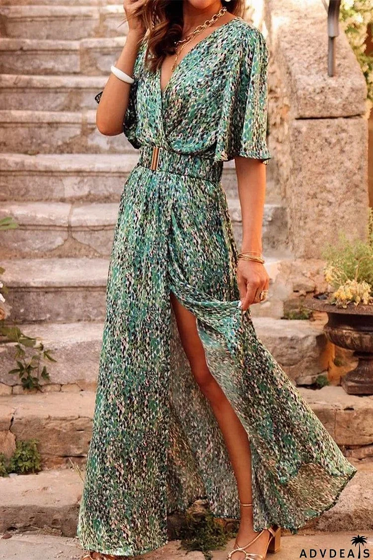 Bohemian College Floral Patchwork With Belt V Neck Waist Skirt Dresses