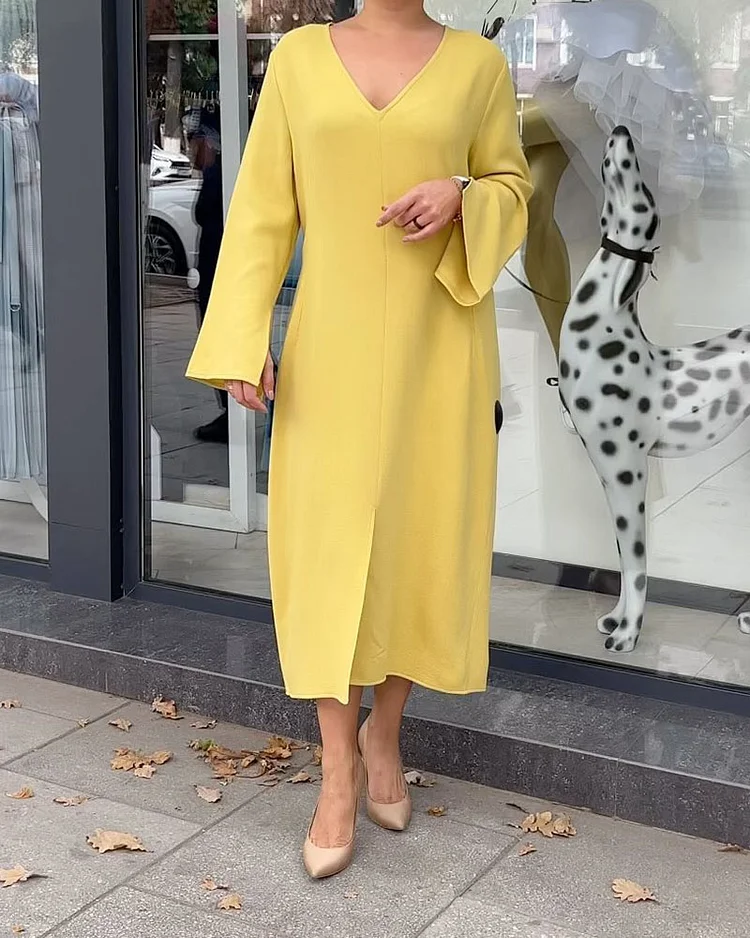 Elegant V-Neck Solid Color Dress