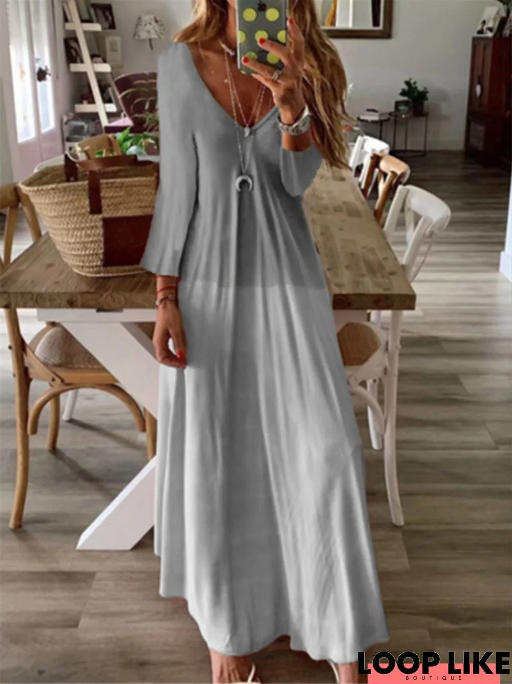 Graphic Printed Casual V-neck Long Sleeve Maxi Dress