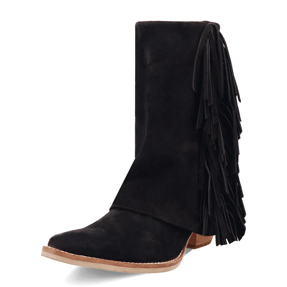 Black Vegan Suede Almond Toe Chunky Heel Fringe Fold Over Boots