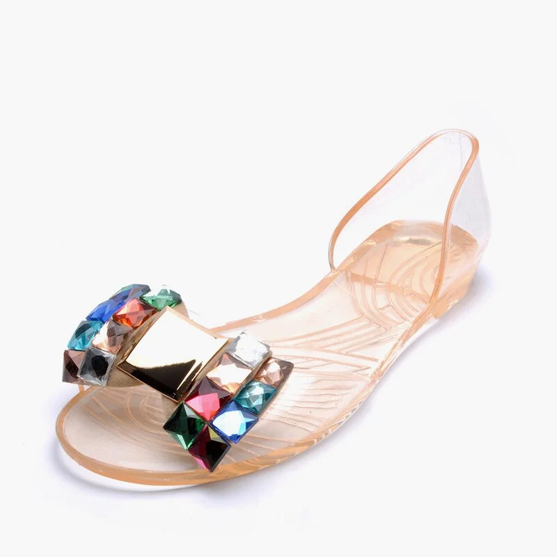 New Women Transparent Sandals Color Crystal Bowtie Flats Bohemia Peep Toe Shoes Female Summer Slip-On Beach Casual Shoes Ladies