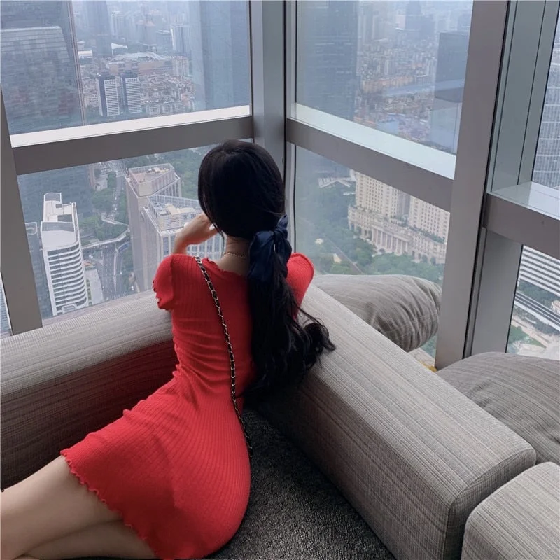 Summer short-sleeved slim dress women's ultra-short mini dress V-neck single-breasted short dress light blue red