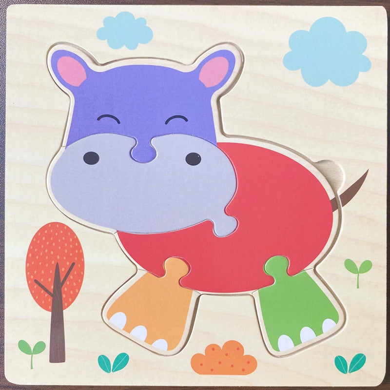 Kindergarten Children’s Enlightenment Early Education Cognition Cartoon Animal Cognition Hand-held Board Wooden Three-dimensional Puzzle Wooden Toys