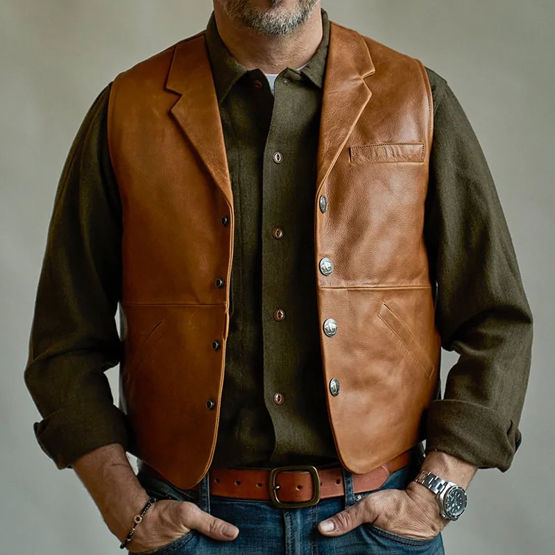 Vintage Classic Single Breasted Lapel Collar Leather Vest