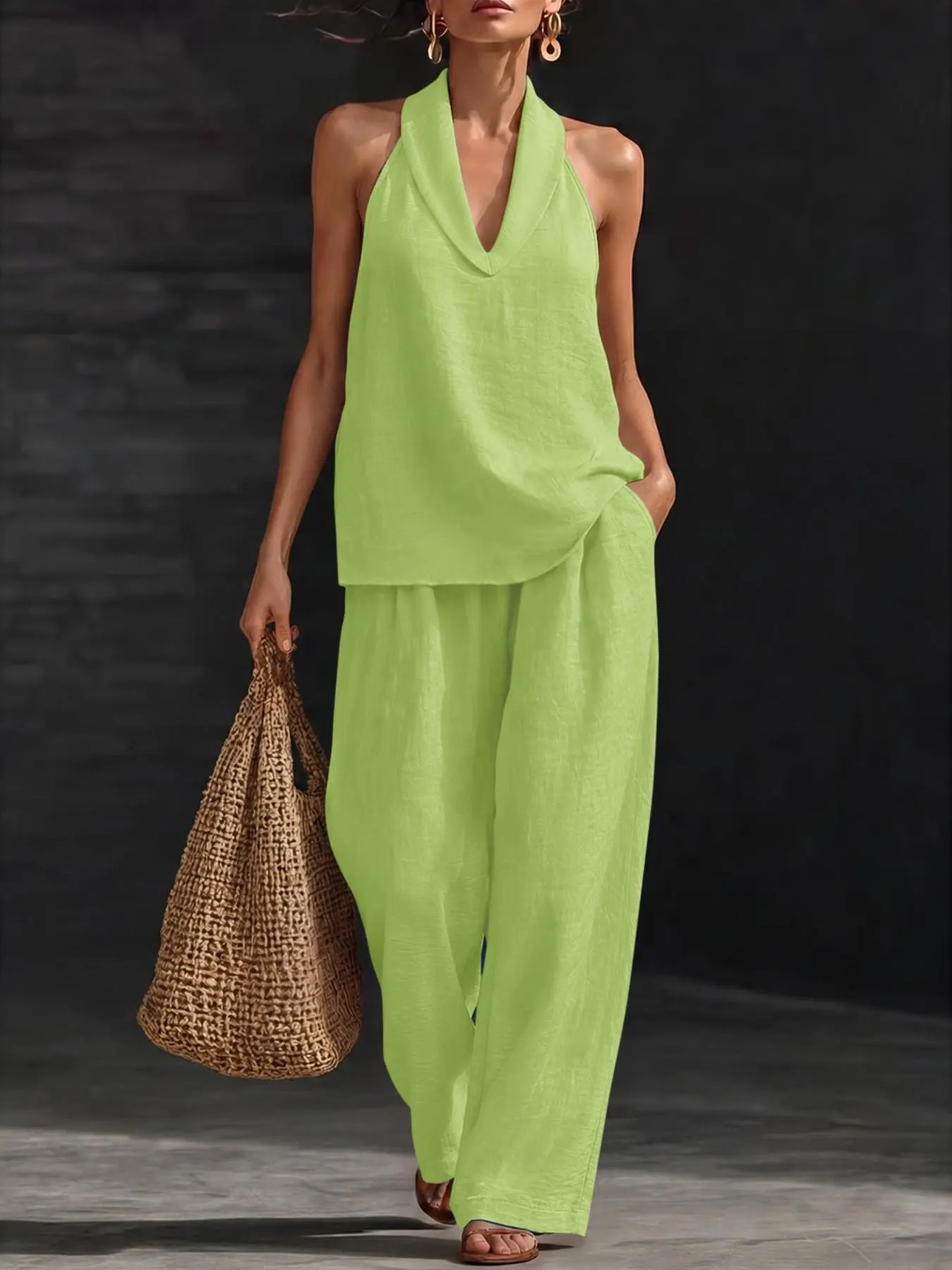 Comfy Chic Women's Summer Faux Linen Halter  V-Neck Top & High Waist Wide Leg Pants Set - Breathable Everyday Urban Lounge Wear for Going Out