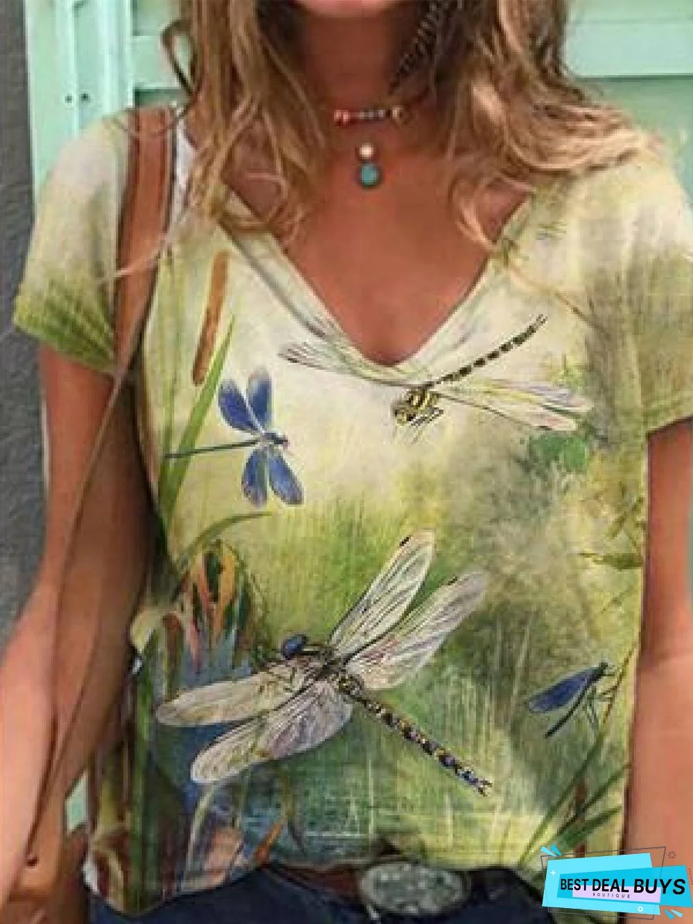 Casual Short Sleeve Animal V Neck T-shirt