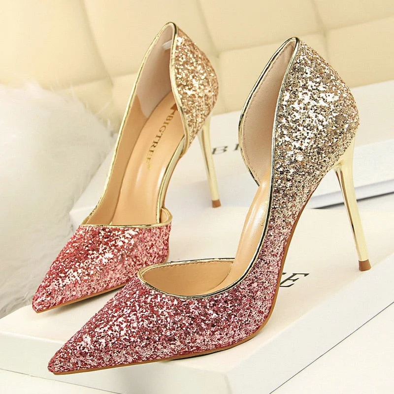 BIGTREE Shoes Sequins Woman Pumps Sexy Party Shoes High Heels Women Wedding Shoes Gold Silver Women Heels 9.5 Cm Ladies Shoes