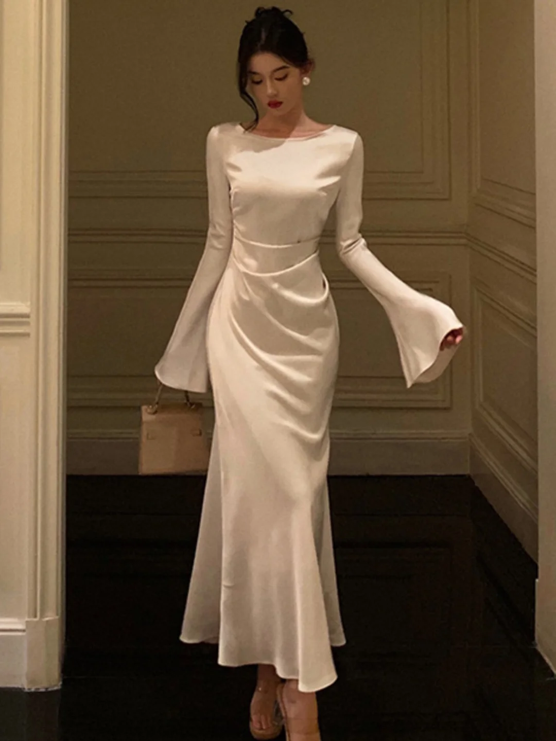 Budgetg Elegant Slim Runway Party Dresses Women Vintage Flare Sleeve One Piece Mermaid Robe Autumn Solid Wedding Clothes Mujers