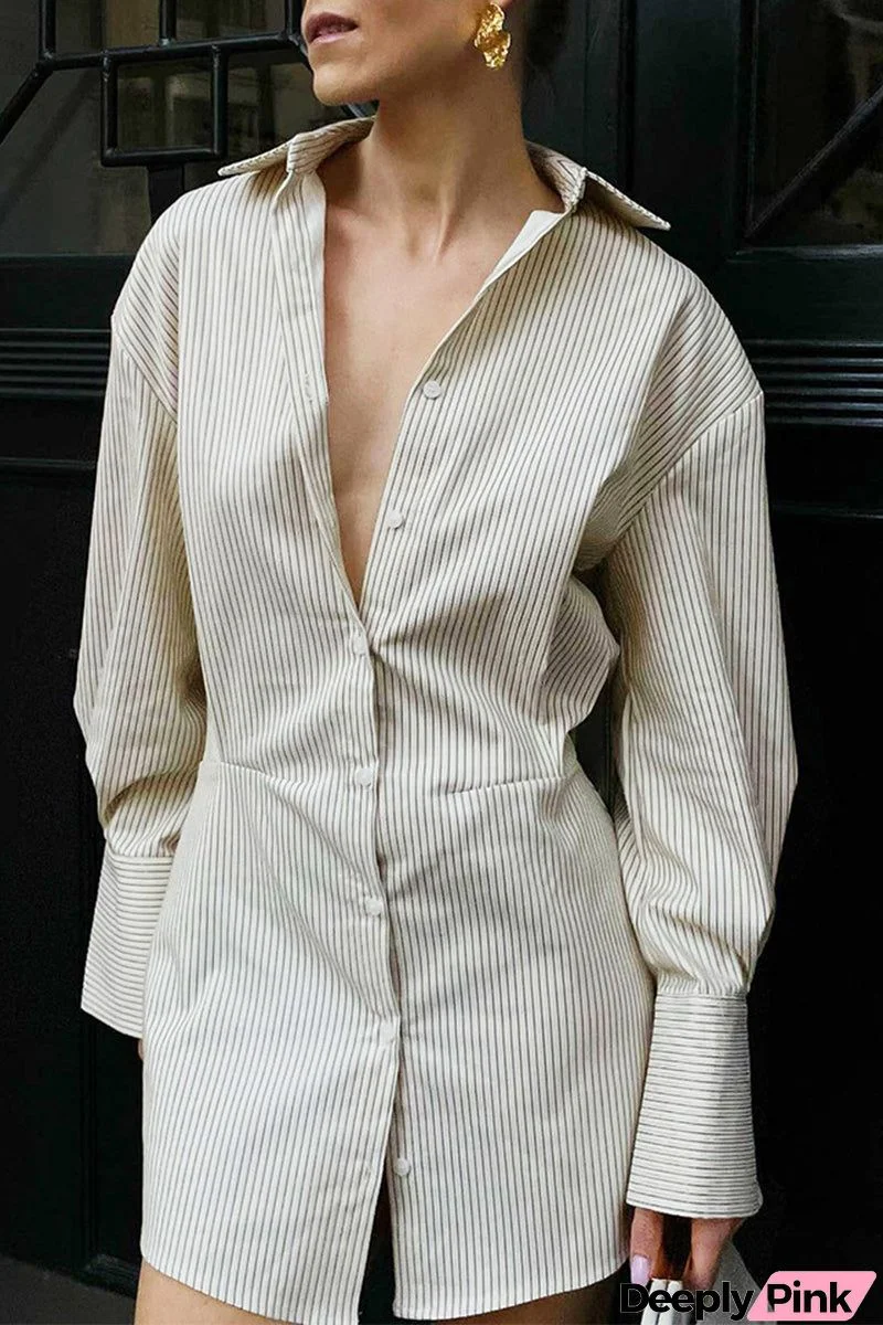 Elegant Striped Patchwork Buttons Turndown Collar Shirt Dress Dresses