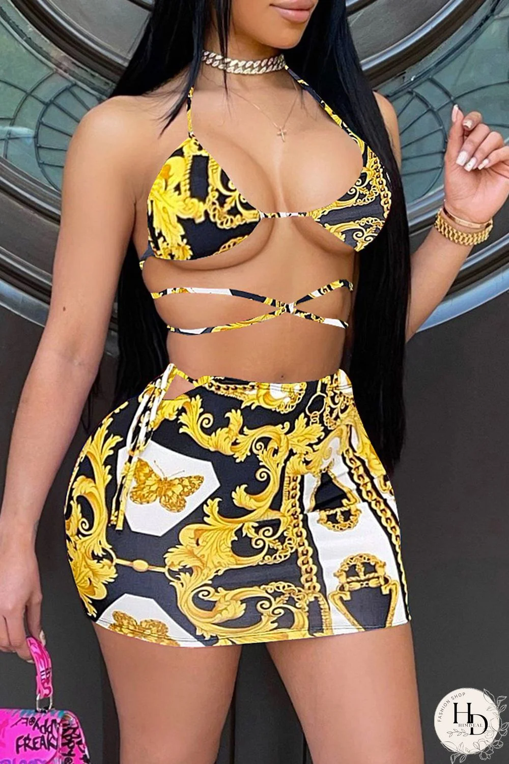 Black Gold Fashion Sexy Print Backless Strap Design Halter Sleeveless Two Pieces