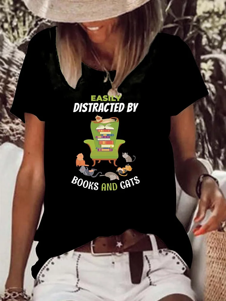 Easily Distracted by Cats and Books Book Lovers Raw Hem Tee-Annaletters