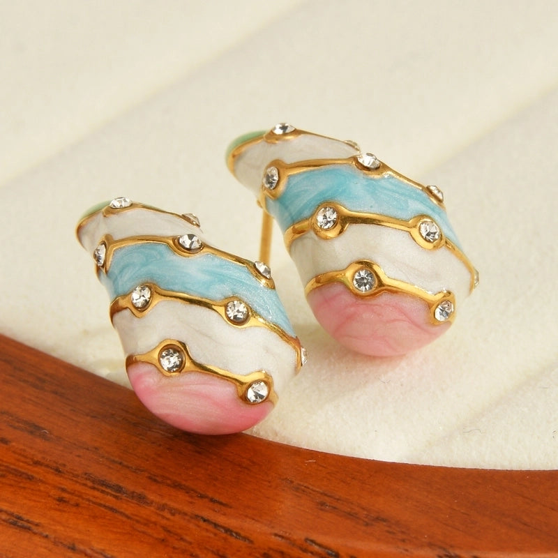 1 Pair Casual Minimalist Water Droplets Enamel Inlay 304 Stainless Steel Rhinestones Ear Studs