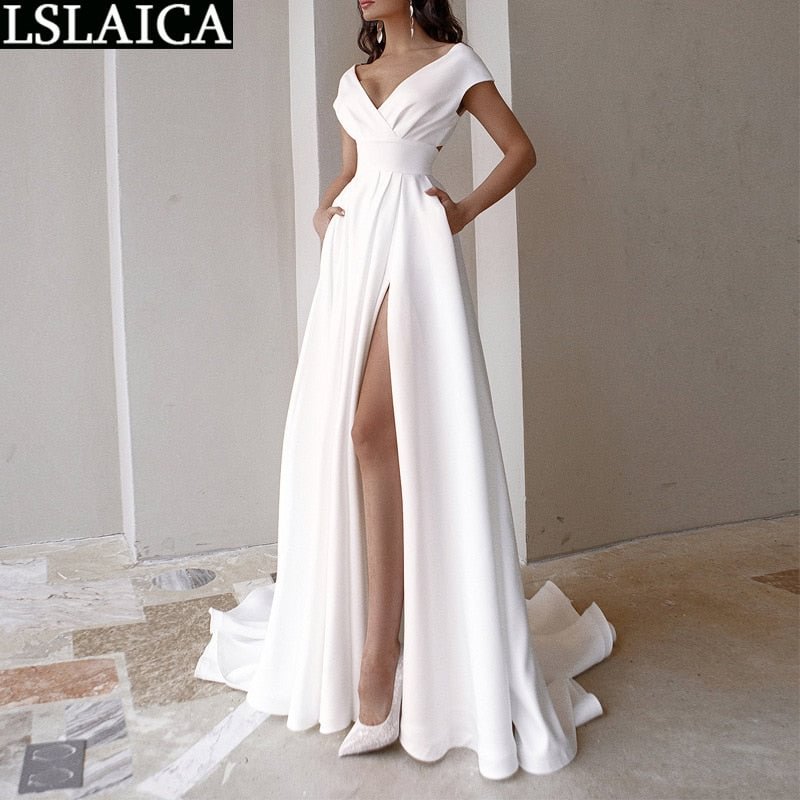 New Summer Dress Deep V-neck White Dress High Waist Hem Split Solid Color Evening Party Floor-Length Long Dress For Women 2021