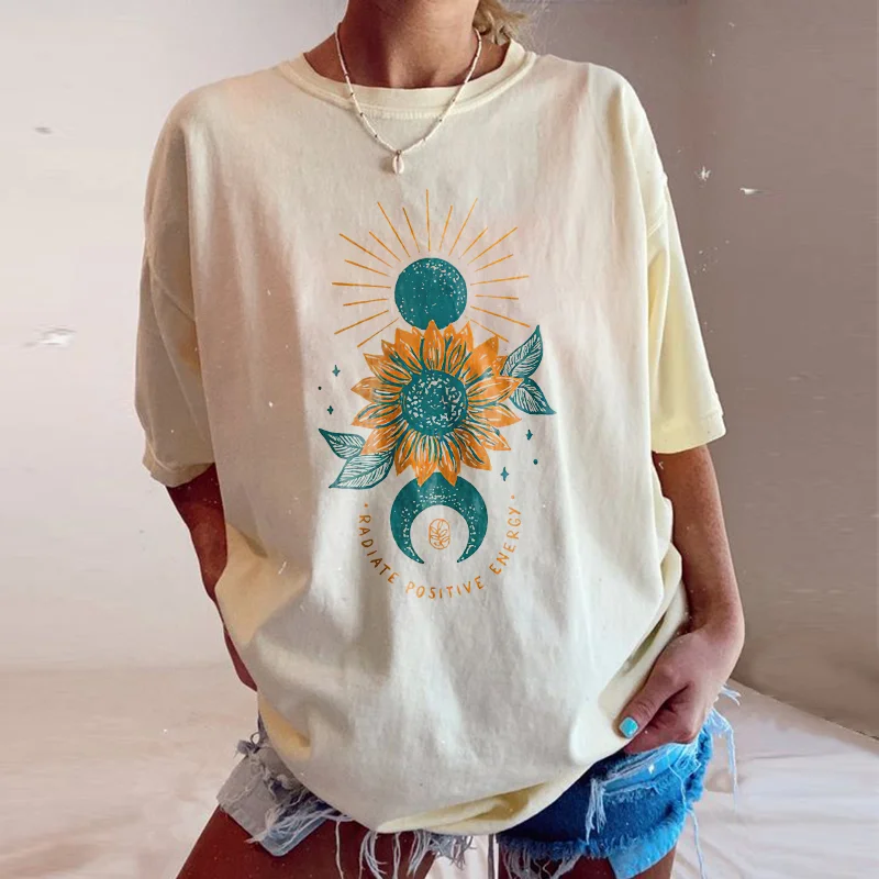 Sun Moon Sunflower which exudes positive energy casual loose women's t-shirt - Neojana