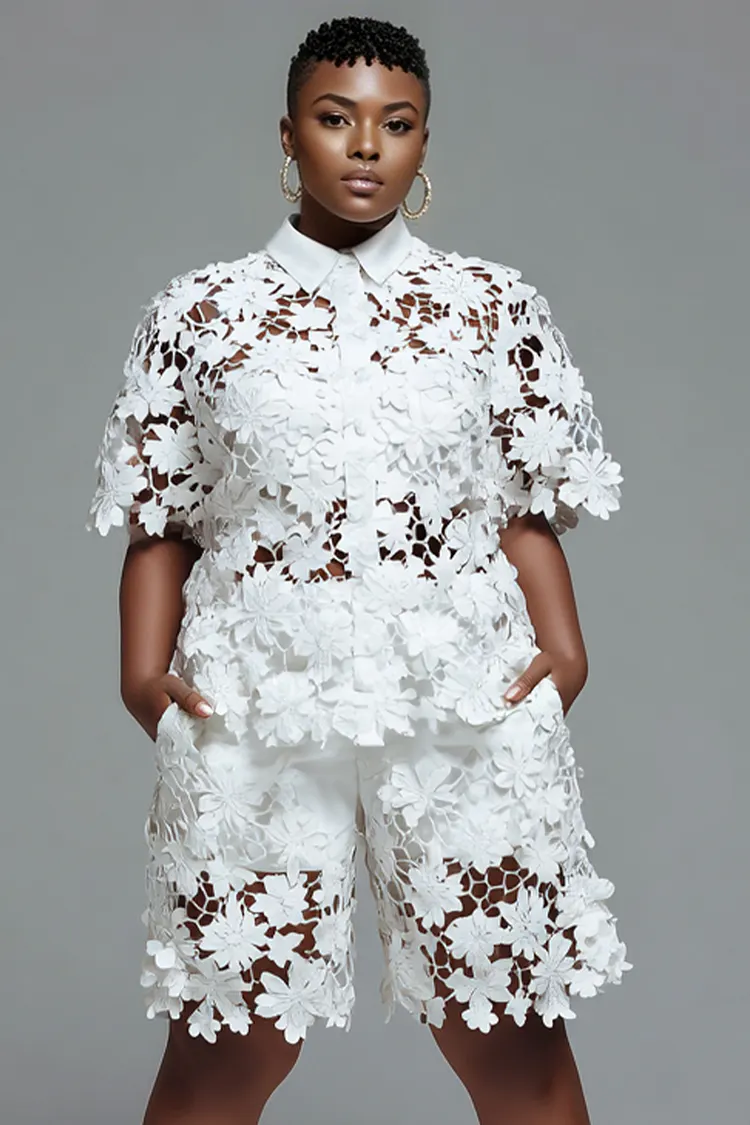 Xpluswear Design Plus Size Daily Casual White Round Neck Short Sleeve Pocket Contrast Lace Two Piece Short Sets [Pre-Order] 2024 - Xpluswear