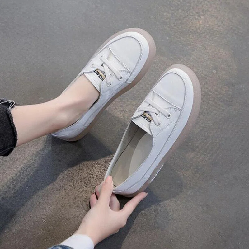Women Sneakers Autumn Genuine Leather Light White Female Platform Shoes Spring Casual Breathable Soft sole loafers q68