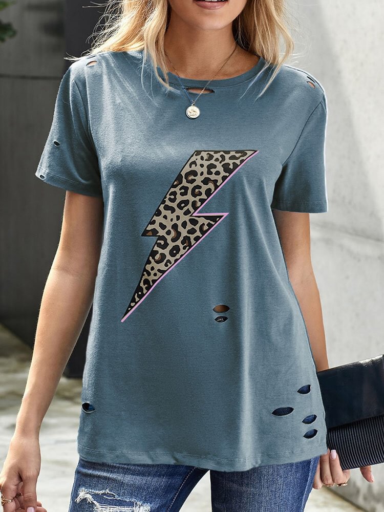 Leopard Print Ripped Short Sleeve O neck Casual T Shirt For Women P1836598