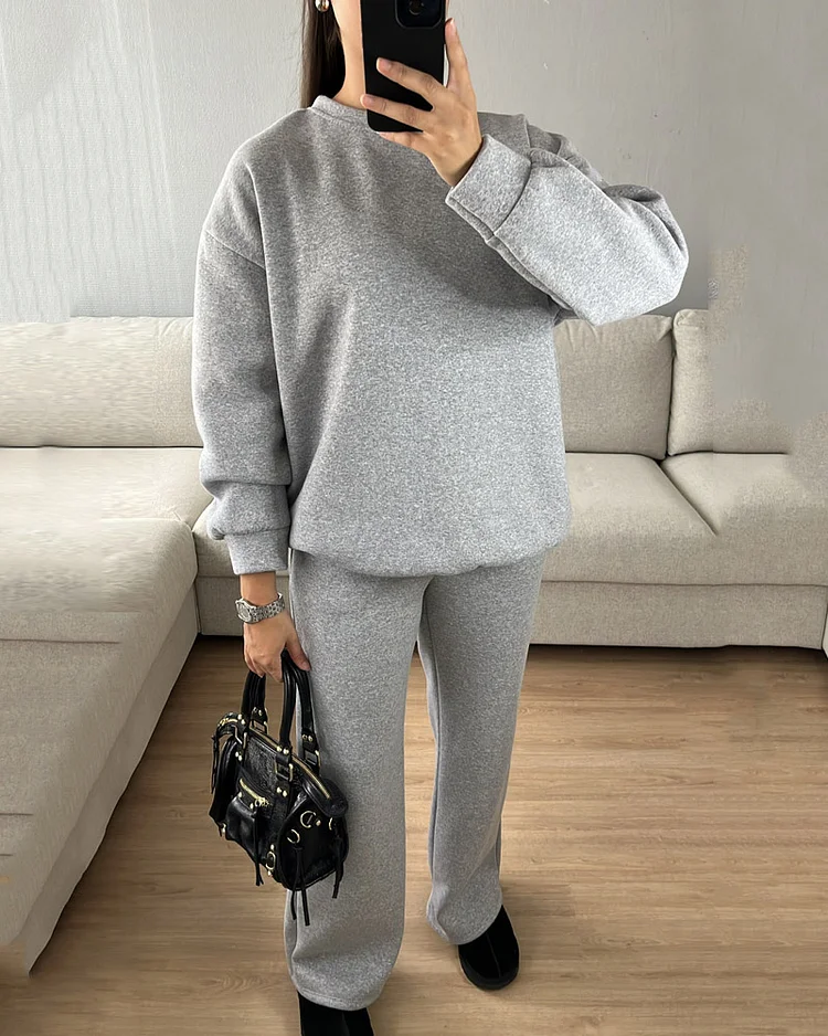 Solid Color Casual Style Sweatshirt and Pants Two-piece Set