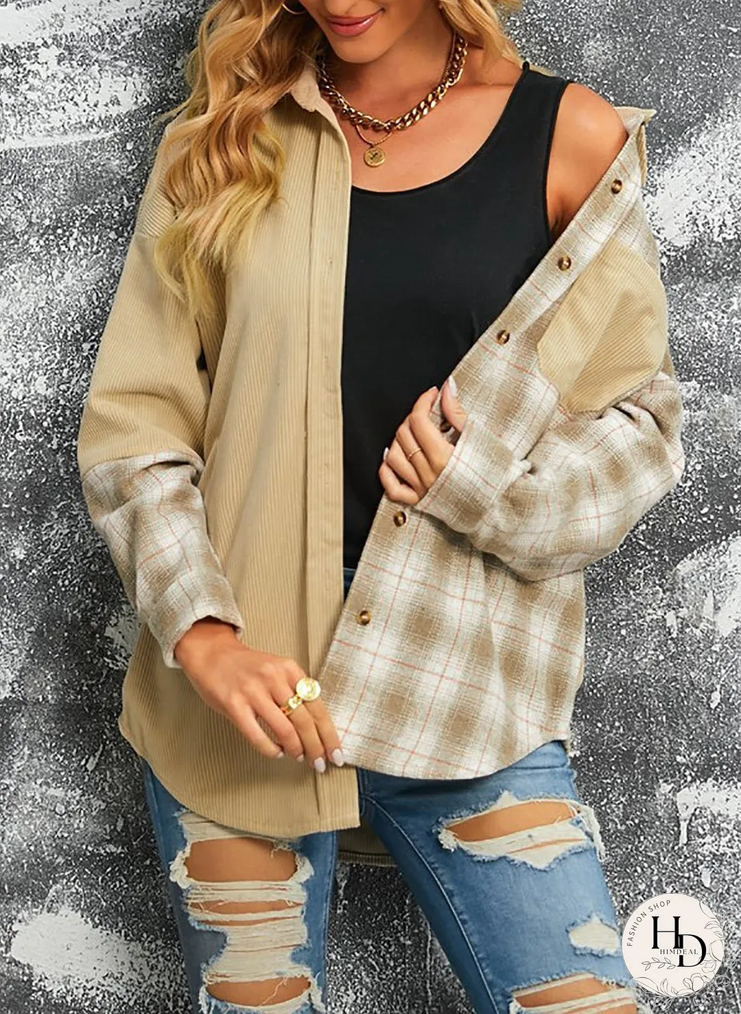 Double Take Plaid Color Block Dropped Shoulder Corduroy Shacket