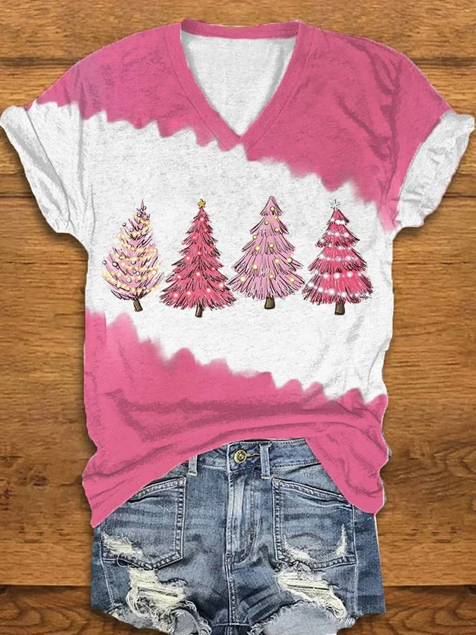 Women's Colorful Christmas Tree Pink T-Shirt