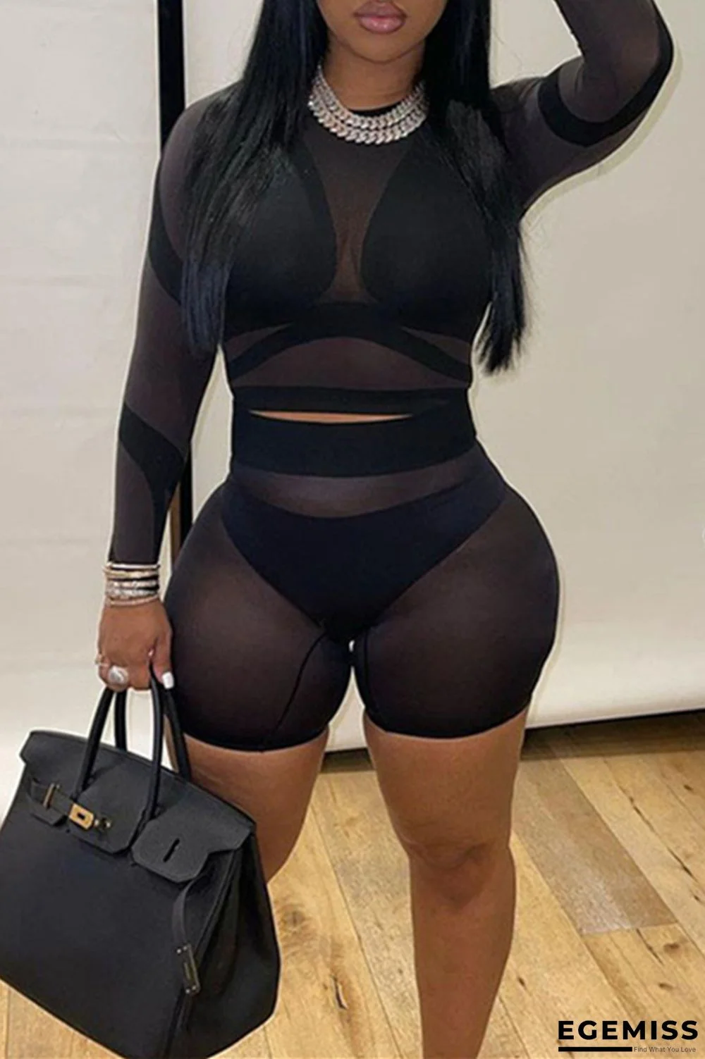 Black Fashion Sexy Print See-through O Neck Long Sleeve Two Pieces | EGEMISS
