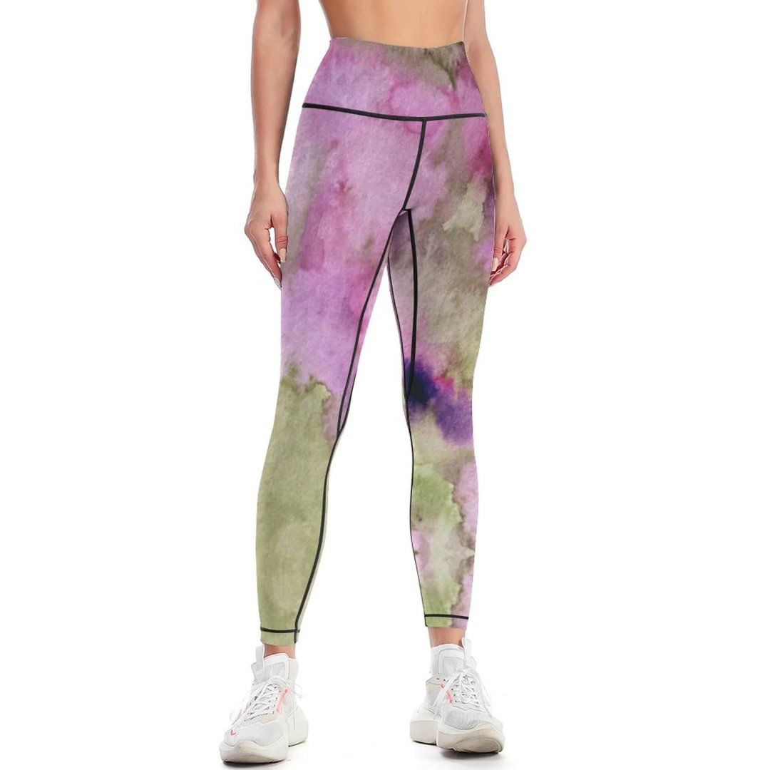 Nature Purple Green Watercolor Yoga Pants Women High Waisted Tummy Control 4 Way Stretch Full Length Running Workout Leggings - neewho