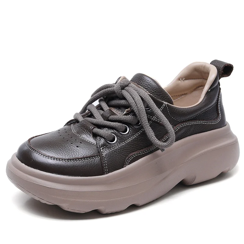 Yyvonne Layer Cowhed Thick Sole Casual Single Shoe Women 2025 Spring New Soft Bottom Round Head Tie Comfortable Women Shoes