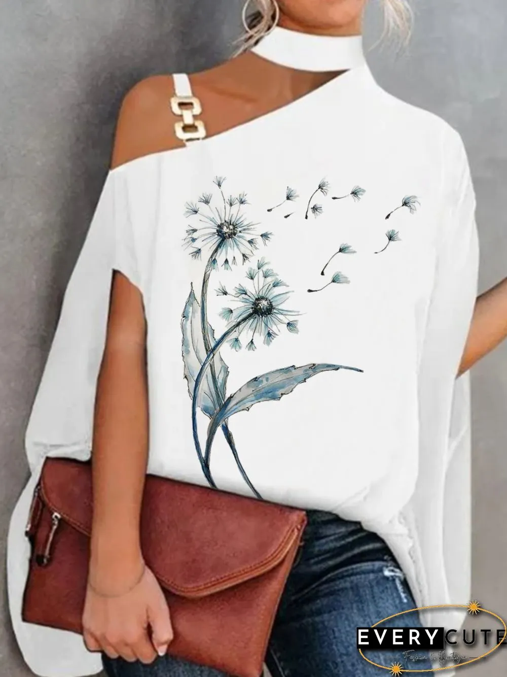 Casual Dandelion Short Sleeve Round Neck Plus Size Printed Tops T-shirts