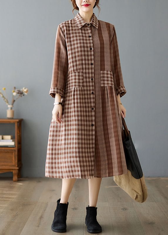 Coffee Plaid Patchwork Pockets Vacation Dresses Spring CK1121- Fabulory