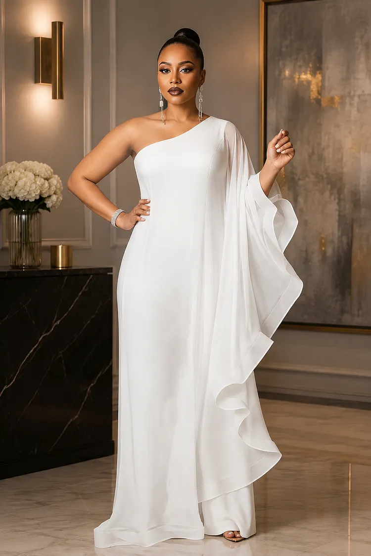 One Shoulder Single Long Sleeve Ruffled Trim Cape Straight Leg