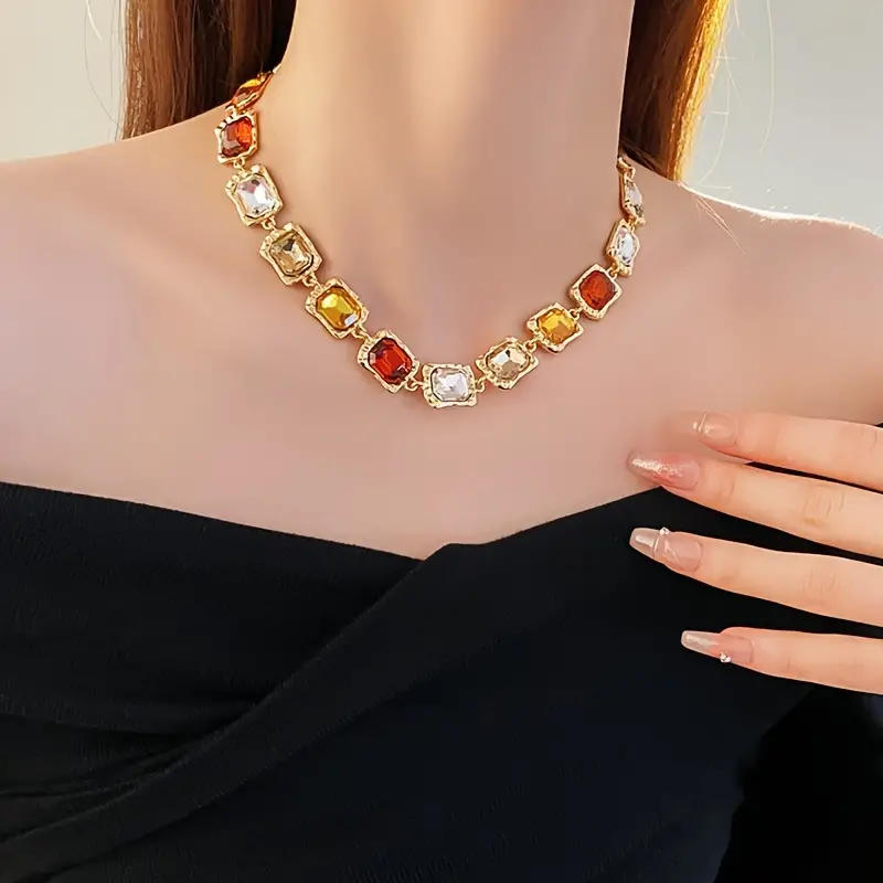 wedding banquet style jewelry set square rhinestone tassel stud earrings necklace set suitable for women details 9