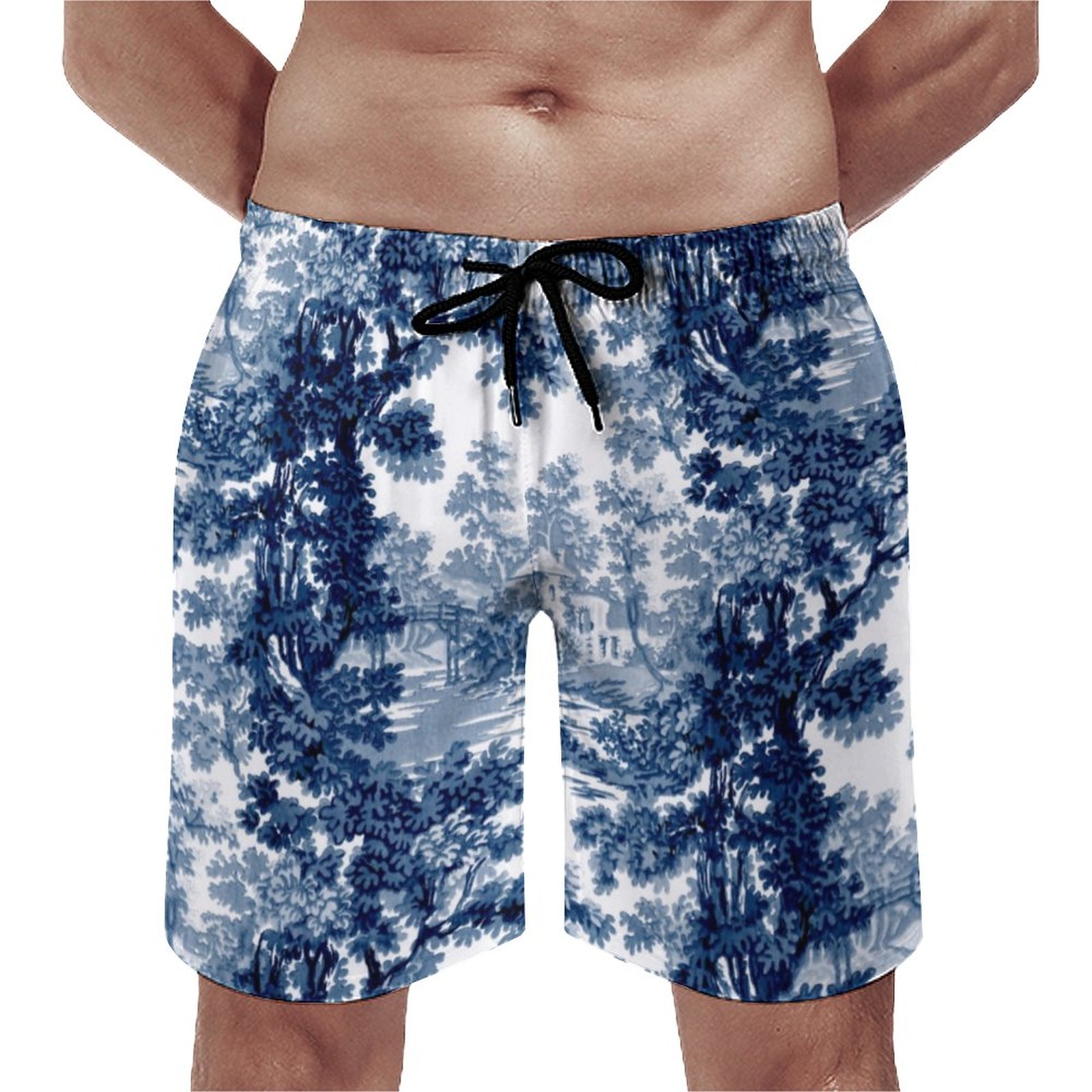 Vintage Cottage Landscape Toile Blue White Elegant Men's Swim Trunks Summer Board Shorts Quick Dry Beach Short with Pockets