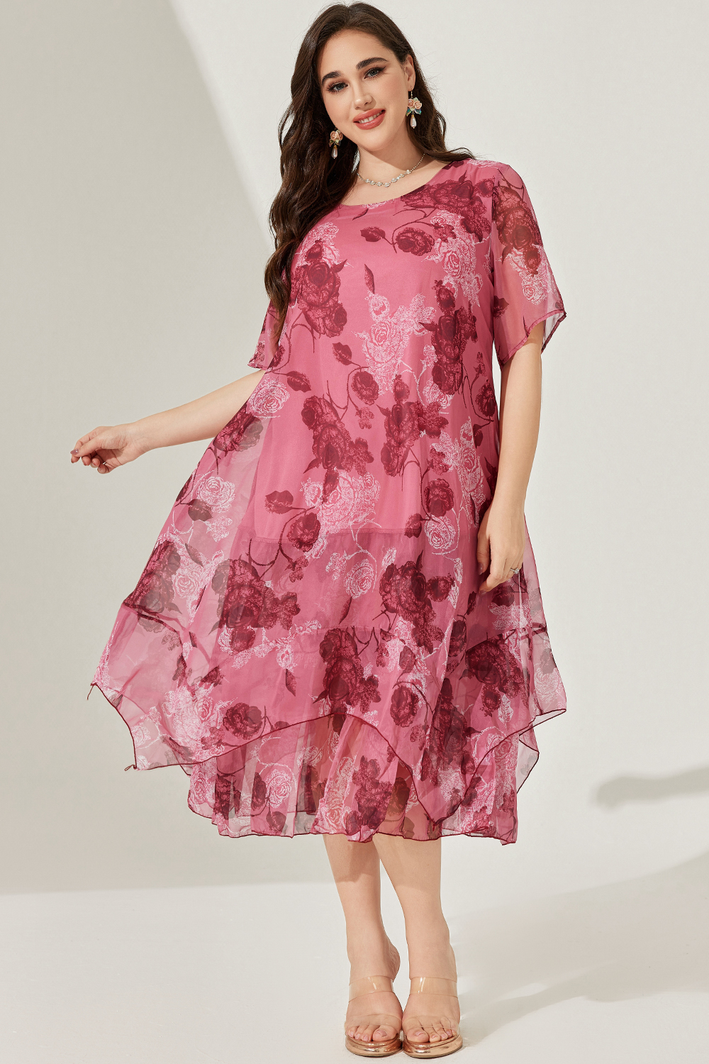 Flycurvy Plus Size Formal Fuchsia Chiffon Floral Print Layered Tea-Length Dress