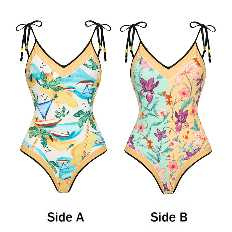 Reversible Splicing Vintage Print Swimsuit and Shorts Flaxmaker
