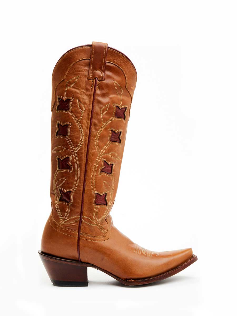 Brown Vegan Leather Snip Toe Floral Inlay Wide Calf Knee High Boots 