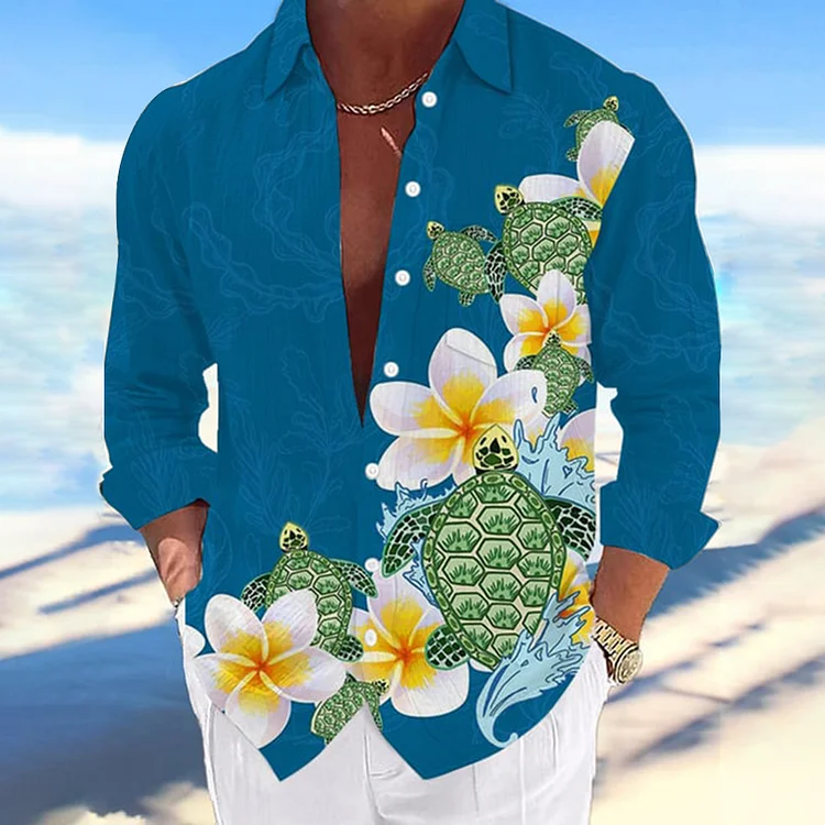 Men's Casual Floral Hawaii Turtle Pattern Long Sleeve Shirts [Pre-Order]