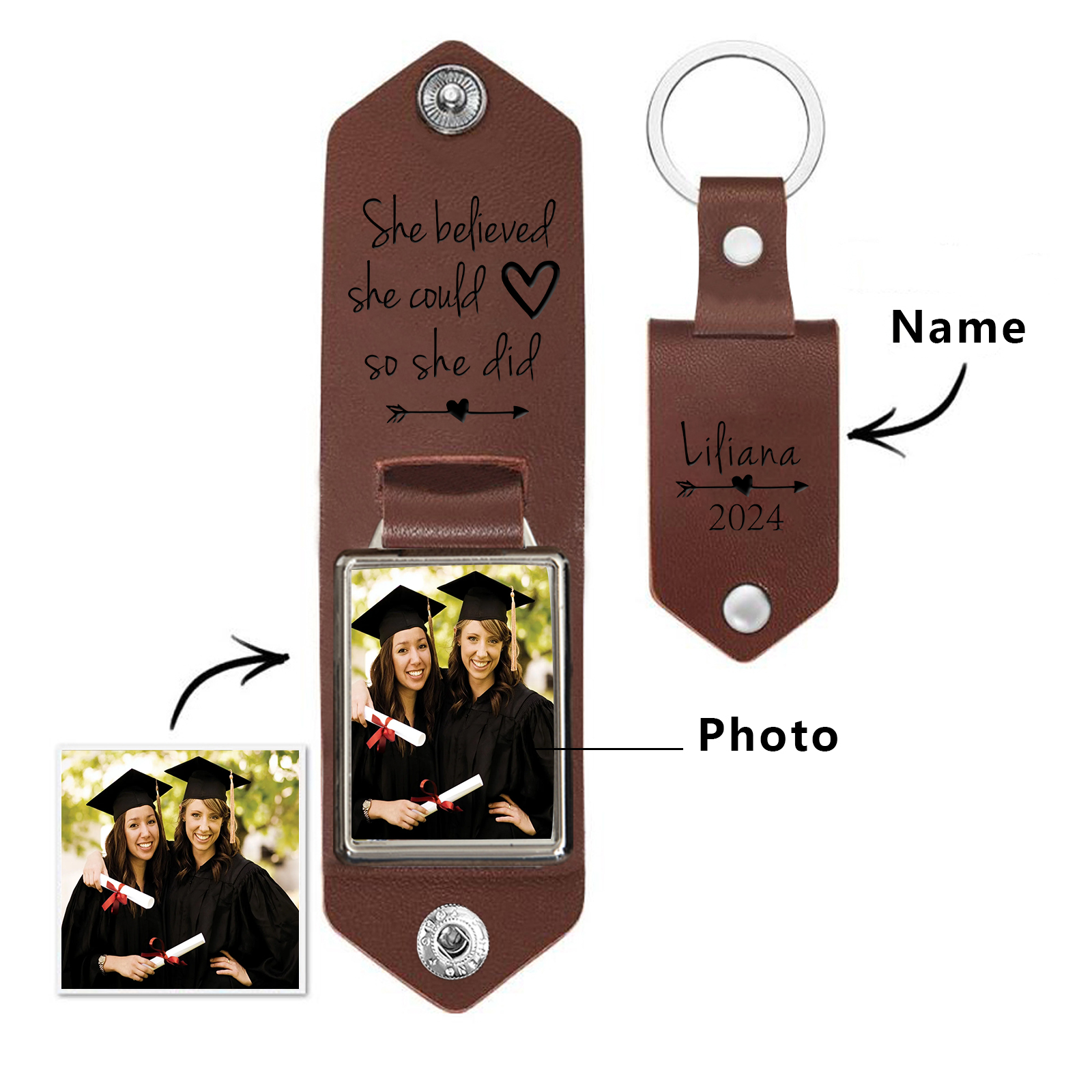 2024 Personalised Graduation Leather Keychain Custom Name & Photo Keychain Graduation Gift - She Believed She Could, So She Did-Jessemade AU
