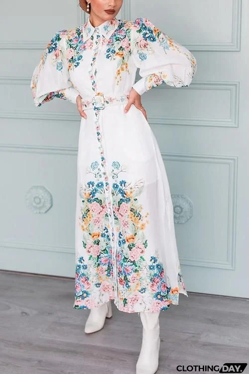 Baroque Floral Print Puff Sleeve Maxi Dress