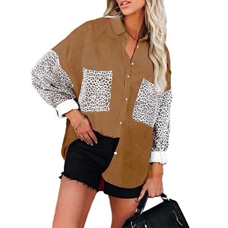 Women's Jacket Leopard Print Stitching Corduroy Casual Shirt