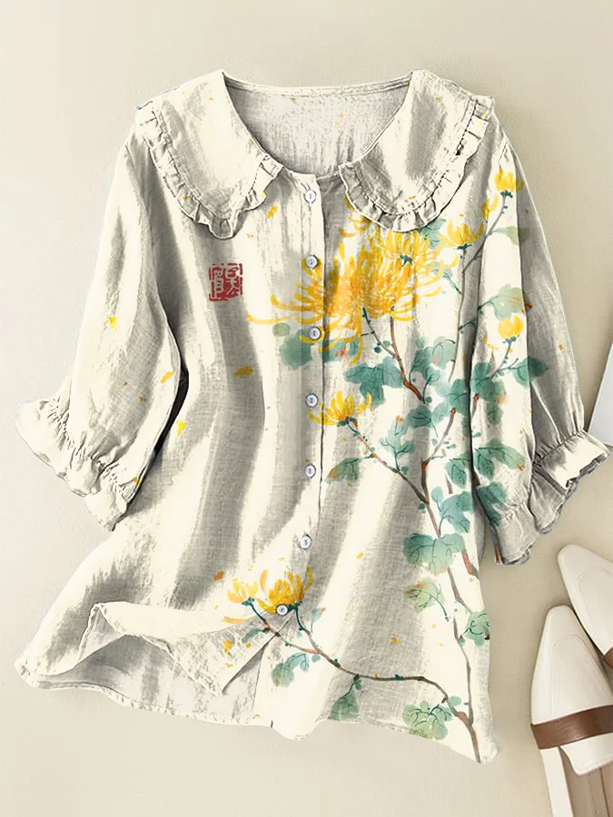 Japanese Classic Chrysanthemum Cotton and Linen Peter Pan Ruffle Collar Shirt